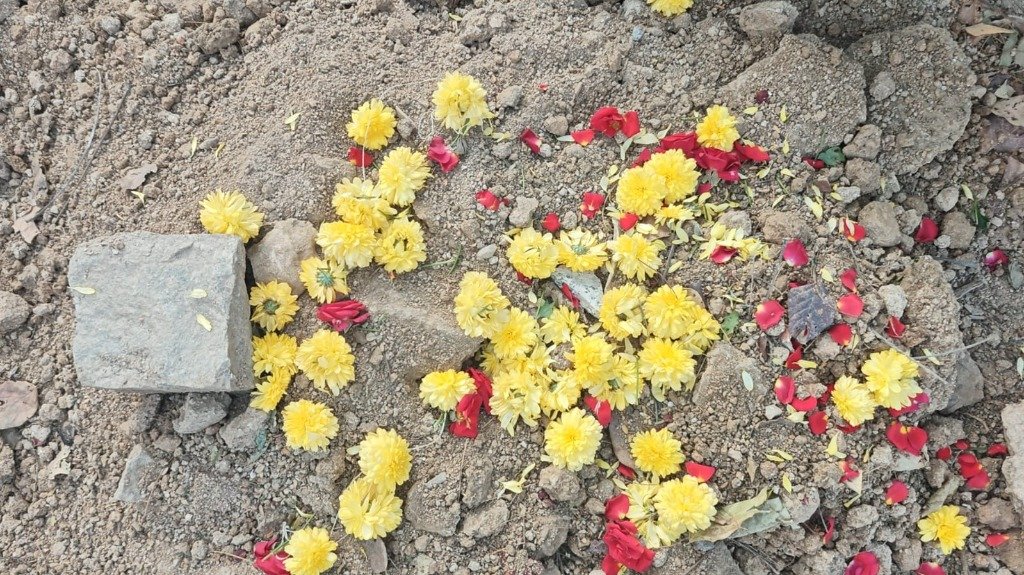 Dog burial ceremony setup with flowers, Surya Pets Funeral Yelahanka